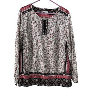 J. Jill Black, Pink and White Boho Rayon Floral Tunic Blouse Size L